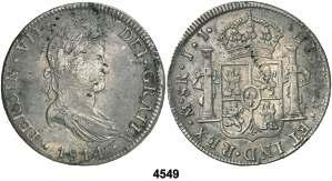 F 4549 1814. México. JJ. 8 reales. (Cal. 555). 26,85 g. Pequeñas incisiones. Fecha escasa. (MBC). Est. 70................................................. 40, 4550 1815. México. JJ. 8 reales. (Cal. 557).