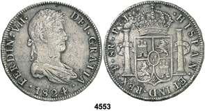 26,83 g. BC/BC+. Est. 30................. 18, F 4553 1824. Potosí. PJ. 8 reales. (Cal. 614 var). 26,81 g. Golpecitos. BC+/MBC-. Est. 70...... 40, 4554 1825. Potosí. JL. 8 reales. (Cal. 618).