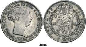 F 4634 1850. Madrid. CL. 20 reales. (Cal. 170). 25,95 g. Golpes. Escasa. (BC+). Est. 75....... 45, 4635 1850. Madrid. 20 reales. (Cal. 171).