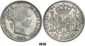 26,09 g. Golpecitos. MBC-. Est. 70............. 40, 4640 1860. Madrid. 20 reales. (Cal. 182). 25,54 g. BC+. Est. 50.