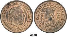 Alfonso XII. Barcelona. OM. 5 céntimos. (Cal. 73). 5 g. Bonito color. EBC-. Est. 70.. 45, 4668 1875. Carlos VII, Pretendiente. Oñate. 10 céntimos. (Cal. 8). 9,98 g. MBC. Est. 40...... 25, 4669 1875.