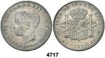 F 4717 1896. Alfonso XIII. Puerto Rico. PGV. 40 centavos. (Cal. 83). 9,91 g. Resto de soldadura. Escasa. (BC+). Est. 110....................................... 75, F 4718 1880. Alfonso XII. Manila.