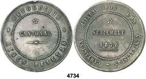 Revolución Cantonal. Cartagena. 5 pesetas. (Cal. 5). 28,62 g. 86 perlas en anverso y 90 en reverso. Reverso no coincidente. Golpecitos. (MBC). Est. 200............ 110, 4735 1875*1875.