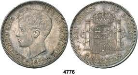 4766 1892*1892. Alfonso XIII. PGM. 5 pesetas. (Cal. 19). 25 g. Tipo bucles. MBC-/MBC. Est. 20................................................. 12, 4767 1893*1893. Alfonso XIII. PGL. 5 pesetas. (Cal. 21).