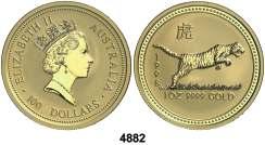 F 4872 AUSTRALIA. 1909. Eduardo VII. M (Melbourne). 1/2 libra. (Fr. 36). 3,97 g. AU. MBC/MBC+. Est. 150........................................ 100, F 4873 1891. Victoria. S (Sydney). 1 libra. (Fr. 19).