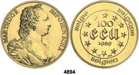 Leopoldo II. 20 francos. (Fr. 412). 6,44 g. EBC/EBC+. Est. 275.............. 200, F 4893 1989. Balduino I. 100 ecu. (Fr. 428).