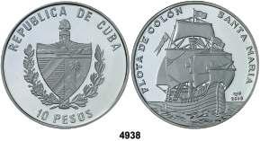 F 4938 CUBA. 2005. 10 pesos. (Kr. 811). 20 g. Flota de Colón-Santa María. Proof. Est. 50... 30, 4939 2005. 10 pesos. (Kr. 812). 20 g. Flota de Colón-Niña.