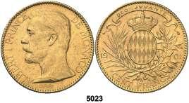 ... 12, 5022 1974. Rainiero III. 50 francos. (Kr. 152.1). 30,11 g. Limpiada. Escasa. (EBC+). Est. 35.... 20, F 5023 1901. Alberto. 100 francos. (Fr. 13). 32,16 g. AU.