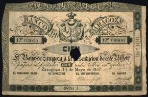 100 reales de vellón. (Ed. A117A). 14 de mayo. Con taladro central y firmas. Nº 3000. MBC+. Est. 125........................... 75, 5190 1857. Banco de Zaragoza. 200 reales de vellón. (Ed. A118B).