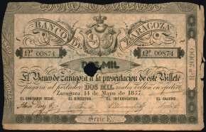 5192 F 5192 1857. Banco de Zaragoza. 2000 reales de vellón. (Ed. A121A). 14 de mayo. Con taladro central y firmas. MBC-.