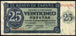 Burgos. 100 pesetas. (Ed. D22a). 21 de noviembre. Serie Q. Manchitas. MBC+. Est. 40................................................. 25, 5230 1936. Burgos. 100 pesetas. (Ed. D22a). 21 de noviembre. Serie S.