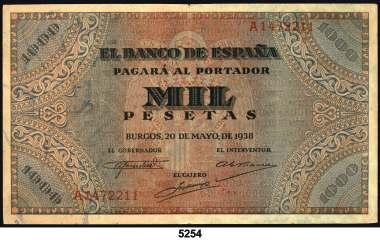5 pesetas. (Ed. D36a). 10 de agosto. Serie C. EBC. Est. 30........... 18, 5256 1938. Burgos. 5 pesetas.