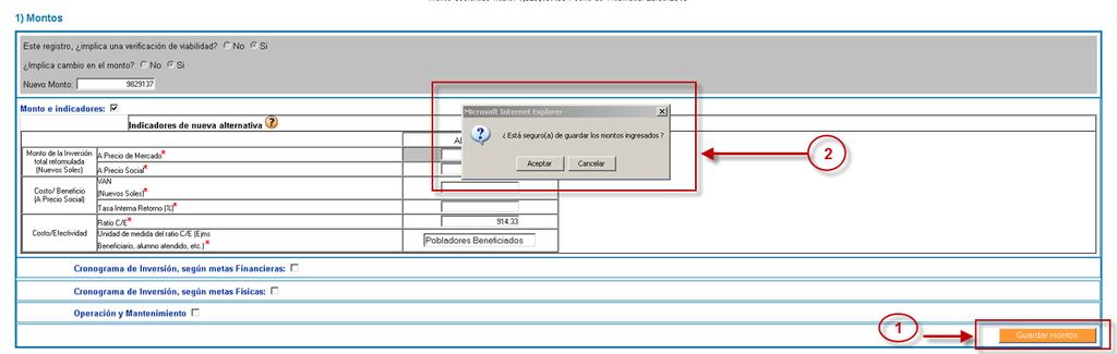 Para registrar datos temporales sin que finalice el registro, el usuario deberá presionar el botón Guardar montos y seguidamente el botón Aceptar para confirmar el registro