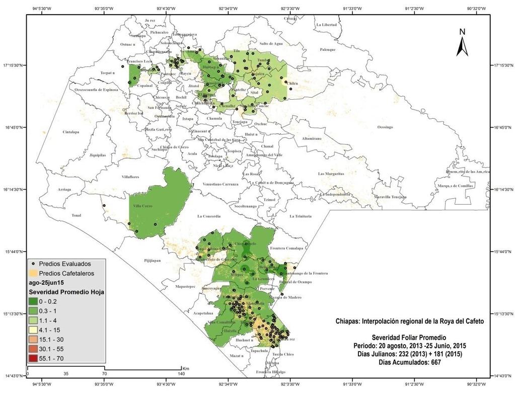 Figura 2. Distribución regional de roya del cafeto en Chiapas estimada mediante la severidad promedio foliar en junio, 2015.
