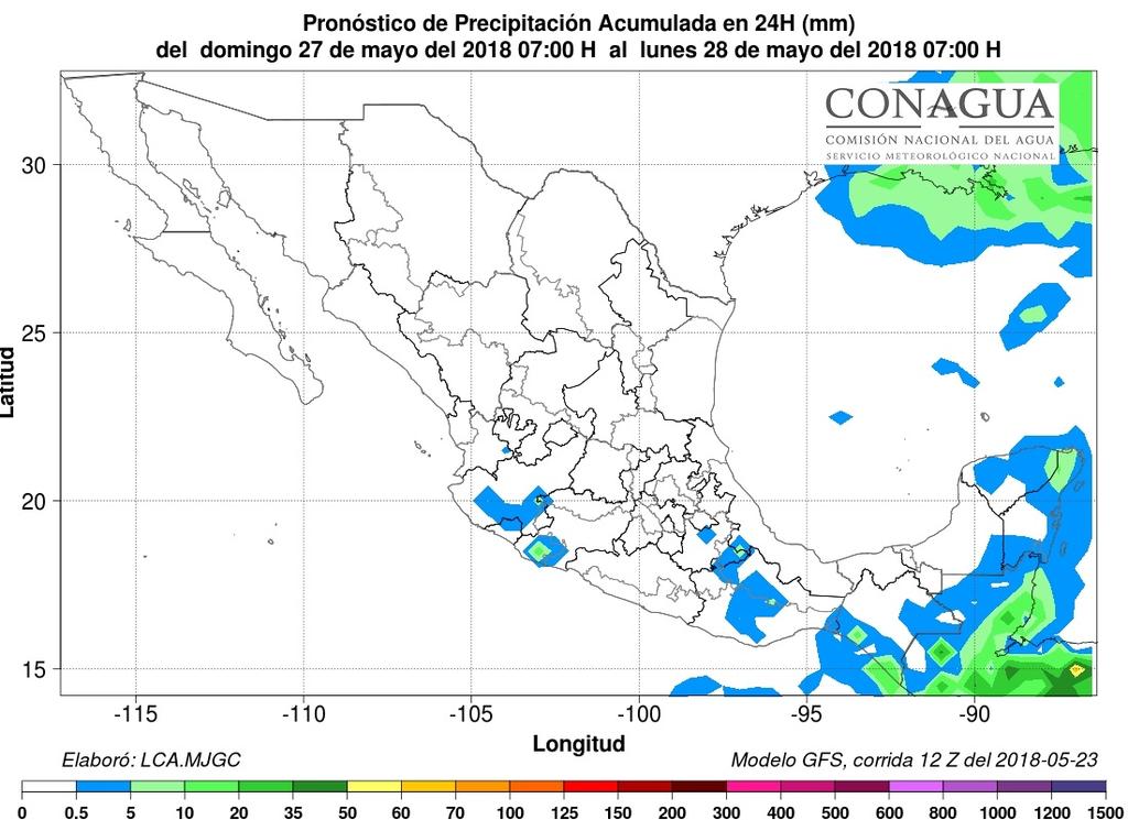Para el domingo 27 de mayo del 2018 (GFS) Pronóstico de precipitación