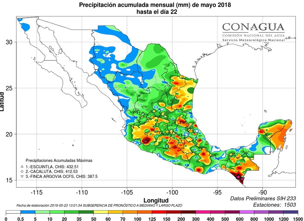 Precipitación y su anomalía registrada acumulada en lo que va del año 2018 en mm TEMPERATURAS: ANÁLISIS Y PRONÓSTICO (mapas de modelos numéricos) (por localidad) T. Máx. en C: 44.