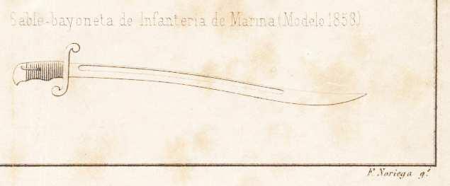 ilustración del definido como Sable-bayoneta de Infantería de Marina (Modelo 1858) Sable-bayoneta de Marina (Modelo 1858), en lámina del Tratado Elemental de Armas Portátiles (1881) De este modelo