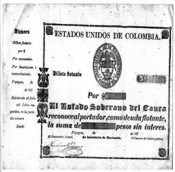 VOLUMEN IV -6 NUMIS-NOTAS Página 5 Billete Flotante del Estado Soberano del Cauca. La fecha (...187...) y el valor están en blanco. Firmado por el Procurador Jeneral (Sic), Narciso Riáscos.