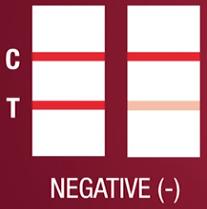 Resultados Negativos: Dos líneas de color aparecen en la membrana. Una línea aparece en la zona de control (C) y otra línea aparece en la zona de test (T) para la sustancia en cuestión.