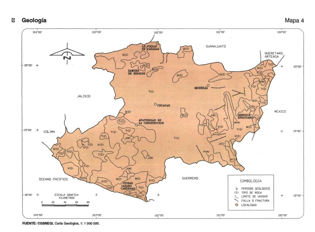 Geología Mapa 4 104-00' 103-00' ls'' loroo' 100-00' QUERETARD ARTEAGA -00' -00' - MÉXIC APATZINGAN DE LA CNSTITUCIÓN -00' + -00' - SIMBDLDGIA -00' ESCALA GRÁFICA