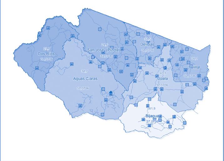 Dentro de los distritos seleccionados se distribuyen los poblados incluidos dentro del Área de Servicio del Cantón definida para el Proyecto.