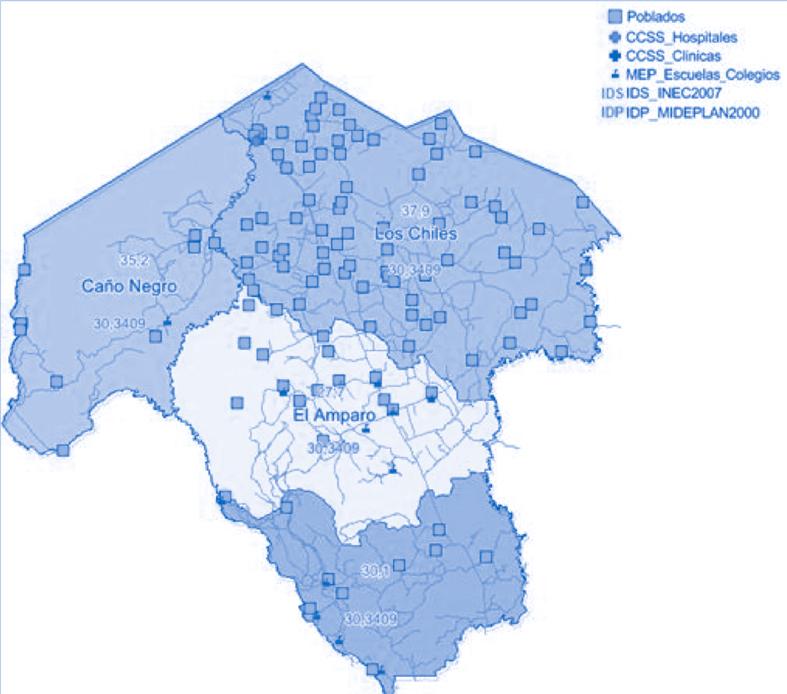 Ilustración 14 Distribución de los poblados y CPSP s en los distritos seleccionados del cantón de Los