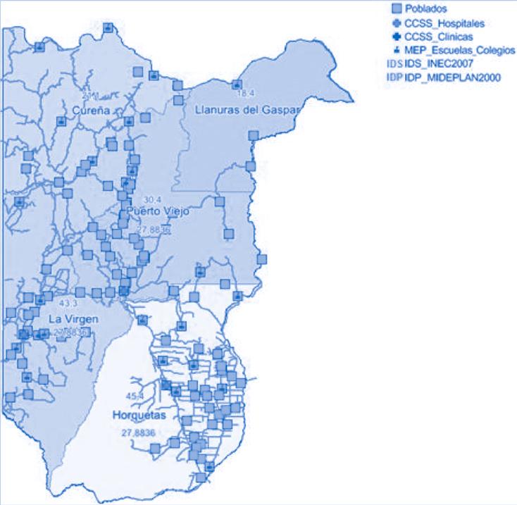 Ilustración 17 Distribución de los poblados y CPSP s en los distritos seleccionados del cantón de