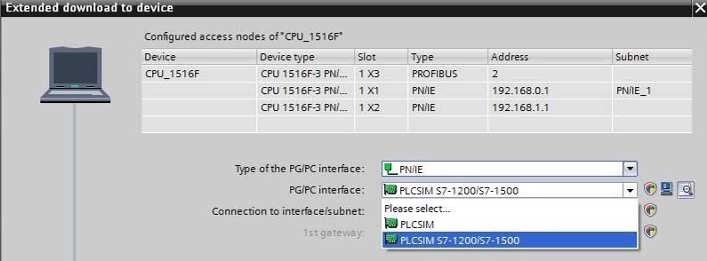 Type of the PG/PC interface (Tipo de interfaz PG/PC) PN/IE