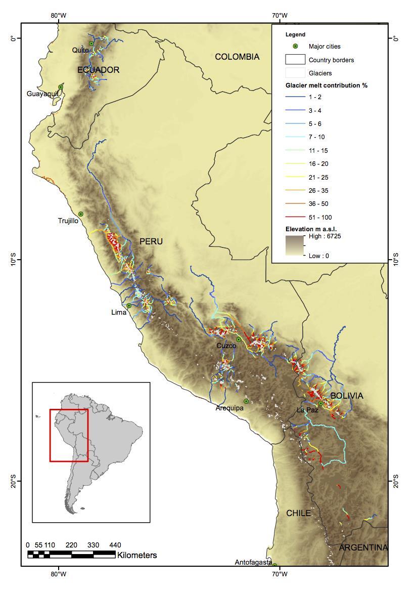 2. Estrategia: 2.1 Desde la visión regional Relevancia del Aporte Glaciar a los Recursos Hídricos en los Andes Tropicales Promedio anual Mes más seco Buytaert, W., Moulds, S.