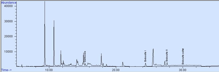 4.- Cromatogramas de una muestra real A continuación se pueden observar los cromatogramas correspondientes a una muestra real. TIC de la adquisición en SIM (Total ion cromatogram) Fig.