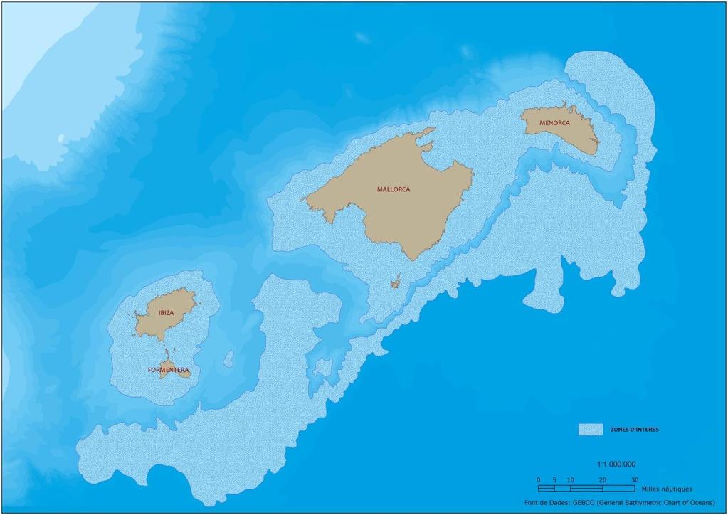 De ambas fuentes de información, la propia DGMRM propone el siguiente mapa de áreas sensibles para cetáceos en Illes Balears figura 3 dónde se destaca la zona de la plataforma continental que