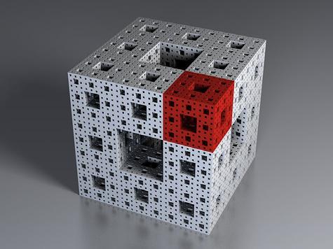 la alfombra de  La esponja de Menger se obtiene aplicando a un cubo un proceso similar al utilizado para crear la alfombra de  En el primer
