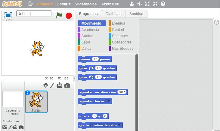Figura 1. El entorno de Scratch. 3 LOS BLOQUES Los bloques se encuentran en la pestaña Programas. Cada tipología de bloques viene determinada por un color que los identifica dentro de una categoría.