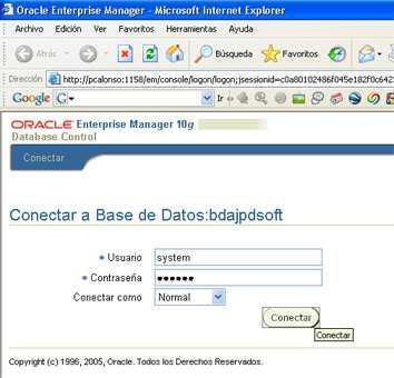 Para probar y configurar Oracle Database 10g, a diferencia de otras versiones (que era una aplicación gráfica), ahora se configura desde el navegador de Internet (Internet Explorer, Mozilla Firefox,