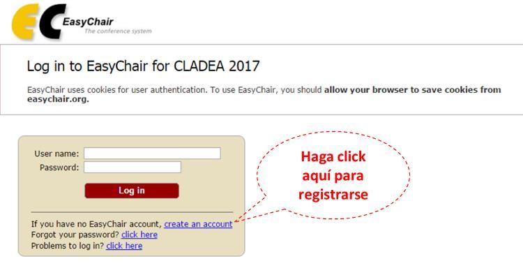 La página de acceso de EasyChair para CLADEA 2017. Será dirigido automáticamente a una nueva página (Figura 2).