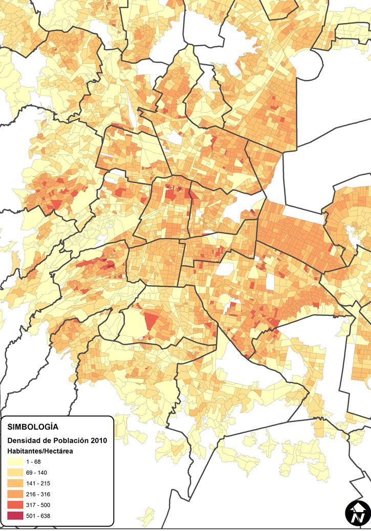 DENSIDAD HABITACIONAL EN LA ZMVM Las zonas más densas se ubican hacia el centro y oriente de la ZMVM.