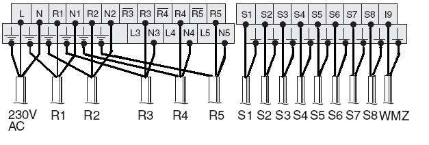 Ilustración 25. Esquema de conexión del TDS 300. R1, Bomba del circuito primario solar. R2, Bomba de B-2, ACS. R3, Bomba de B-3, Esterilización. R4, Bomba de B-4, Limpieza. R5, Válvulas de 3 vías.
