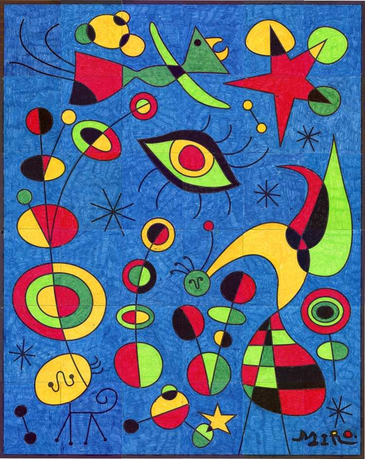 29.- En una clase han pintado un mural de una obra del artista Miró.