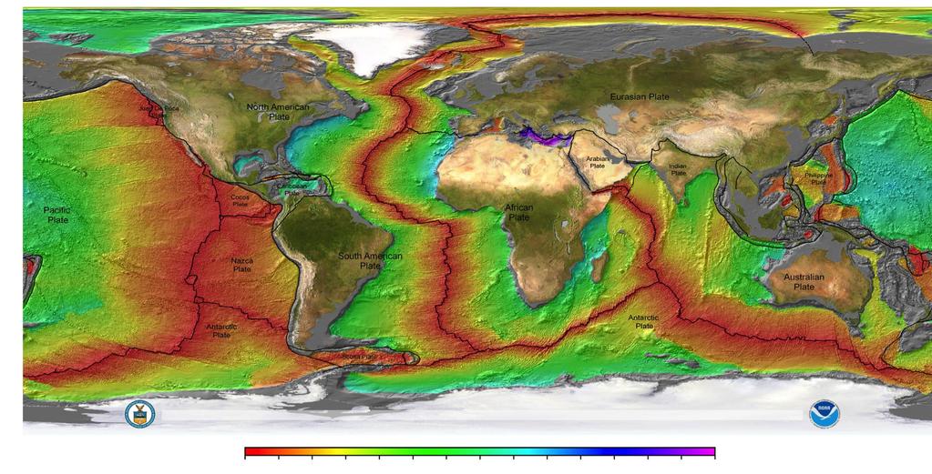 Imagen satelital de la Tierra y edad del piso oceánico 0 280 Edad del piso oceánico (in Ma) Esta imagen resalta los limites de los continentes y patrones en