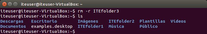 Paso 6: Eliminar los directorios En este paso, eliminará un directorio mediante el comando rm. El comando rm se puede utilizar para eliminar archivos y directorios. a. Desplácese al directorio /home/iteuser/itefolder3.