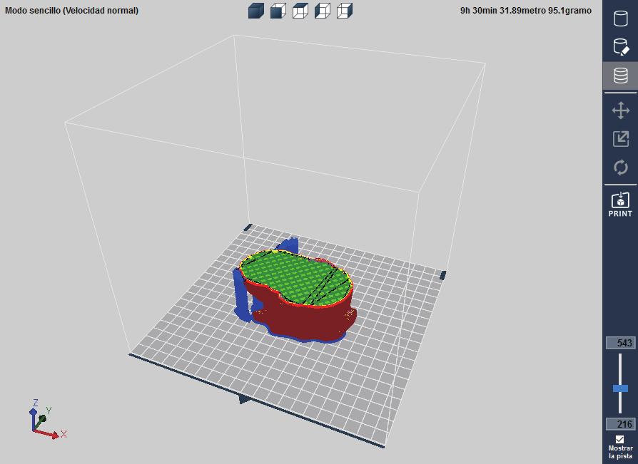 Visor de capas Tras comprobar que el modelo 3D está colocado en la cama, seleccionar el modo Visor de capas aplicará los valores y ejecutará el laminado.