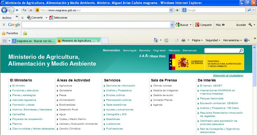 1.- Página WEB del Ministerio de Agricultura, Alimentación y Medio Ambiente. 1.1 Enlace a la página: http://www.magrama.gob.es/ 1.