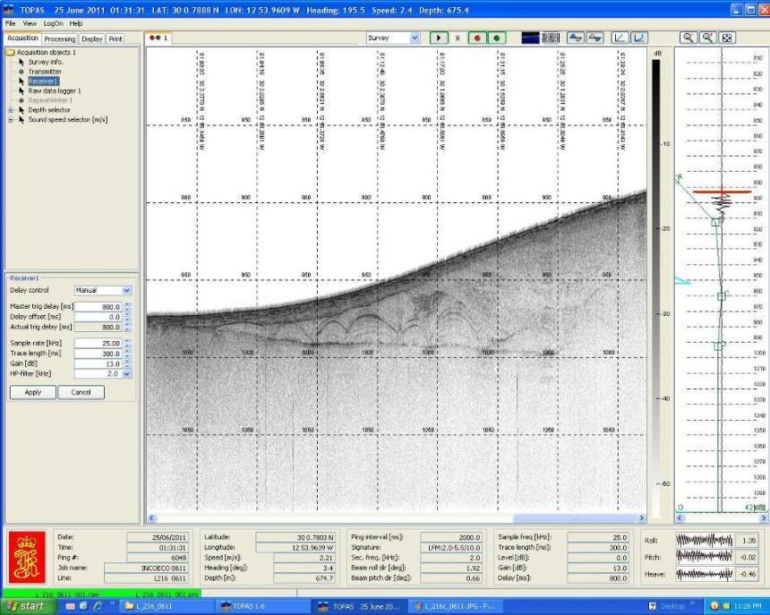 Figura 4.3.6. Vista de la pantalla del software de adquisición y procesado de datos sísmicos de paramétrica TOPAS PS-018.