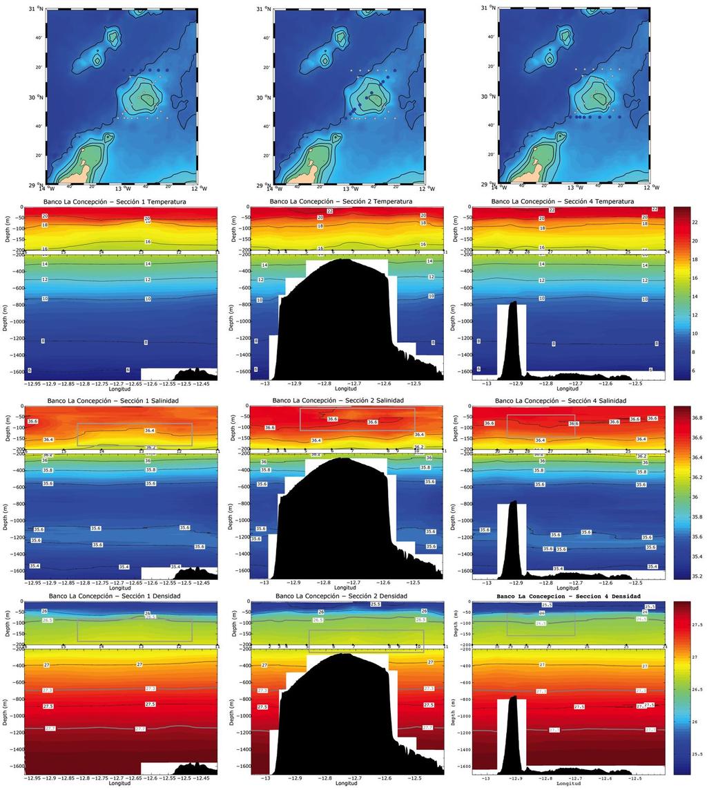 Figura 5.1.5. Distribuciones verticales de temperatura potencial, salinidad y densidad (kg/m3) en las secciones hidrográficas 1, 2 y 4 durante la campaña de Junio de 2011 (Incoeco0611).