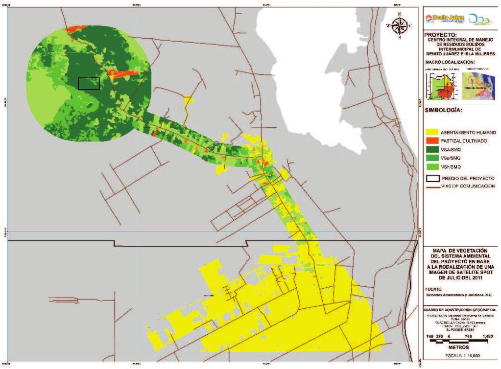 Figura 14.- Distribución espacial de los tipos de vegetación y uso del suelo en el Sistema Ambiental de acuerdo con la interpretación de la imagen de satélite Spot del 2011. Sin vegetación aparente.
