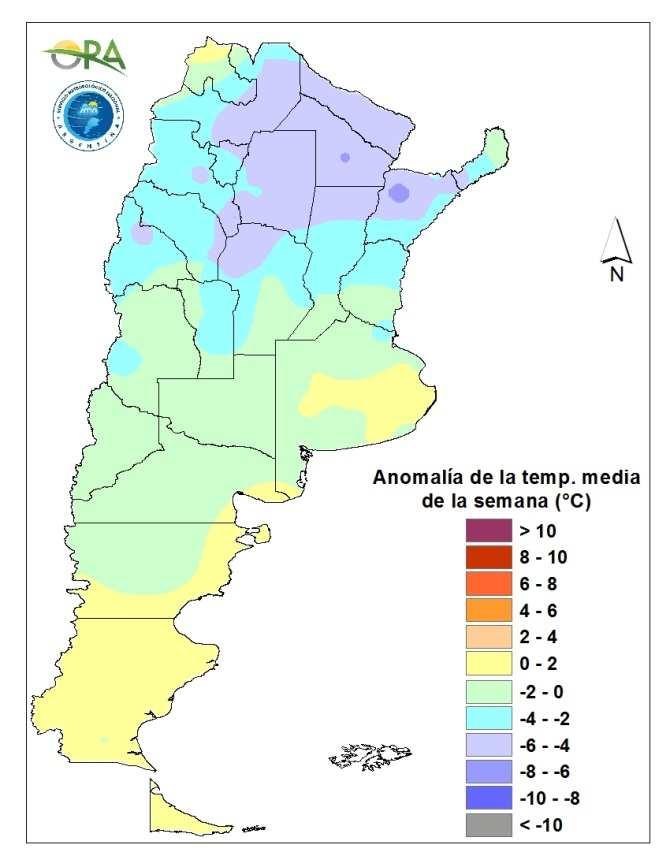 Las temperaturas medias de la última semana fueron inferiores a las normales en toda la mitad norte del territorio argentino, donde las anomalías térmicas negativas alcanzaron los 7,6 C, mientras que