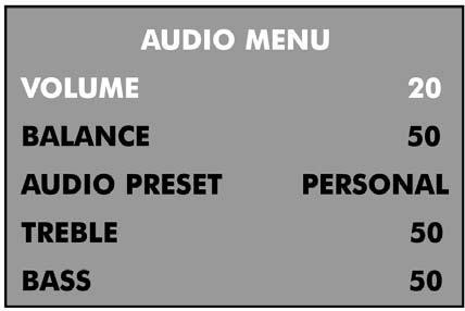 El menú de audio Presione el botón SYS MENU otra vez para ver el menú de AUDIO. Volumen Utilice los botones para ajustar el volumen de sonido.