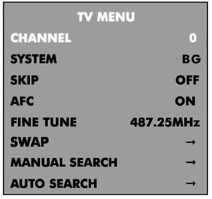 El menú de TV Presione el botón SYS MENU otra vez, para ver el menú de la TV, (solamente si está cambiado a TV).