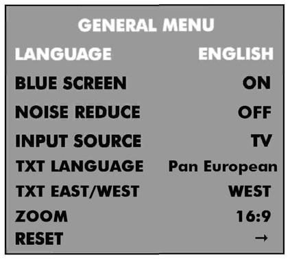 Menú general Presione el botón SYS MENU otra vez para ver el menú GENERAL. Idioma Utilice los botones para seleccionar un número de idiomas europeos.