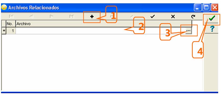 Los pasos a seguir para poder adjuntar algún archivo son los siguientes: 1. Se da clic en el botón +. 2. Se dan 2 clics sobre el campo Archivo, se visualizará un botón con tres puntos. 3.